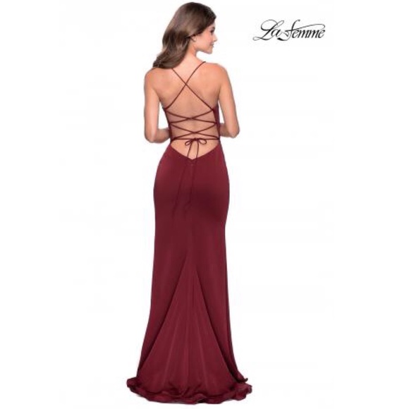 La Femme Ruffle Prom Dress Scoop Neck Lace Up Back - Picture 2 of 16